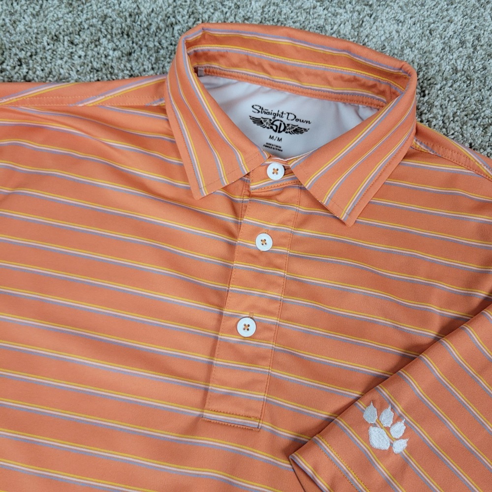 Straight Down Mens Medium Orange Striped Performance Stretch Golf Polo SS